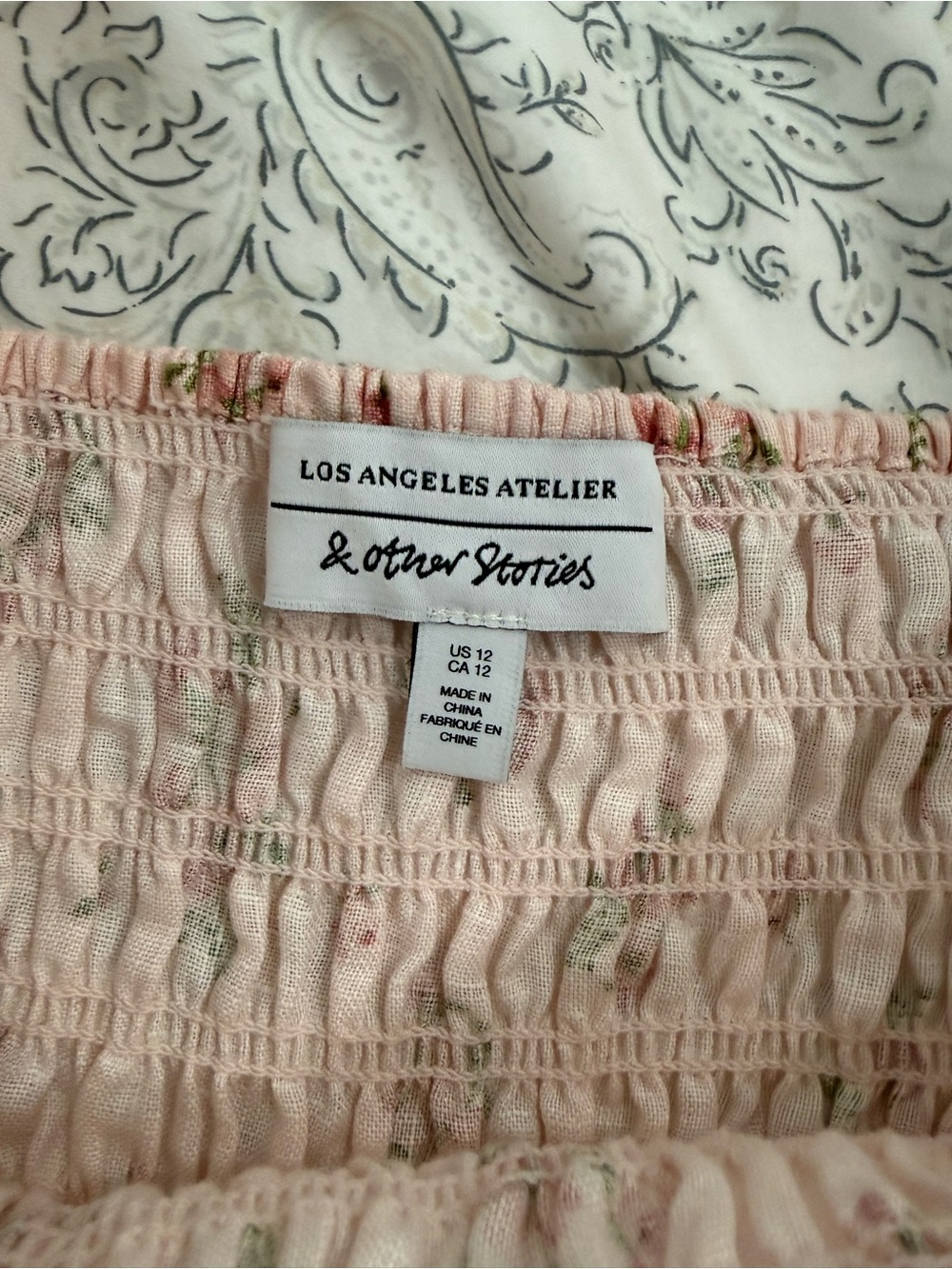 & Other Stories light pink floral linen smocked puff sleeve side slit dress - Picture 3 of 15